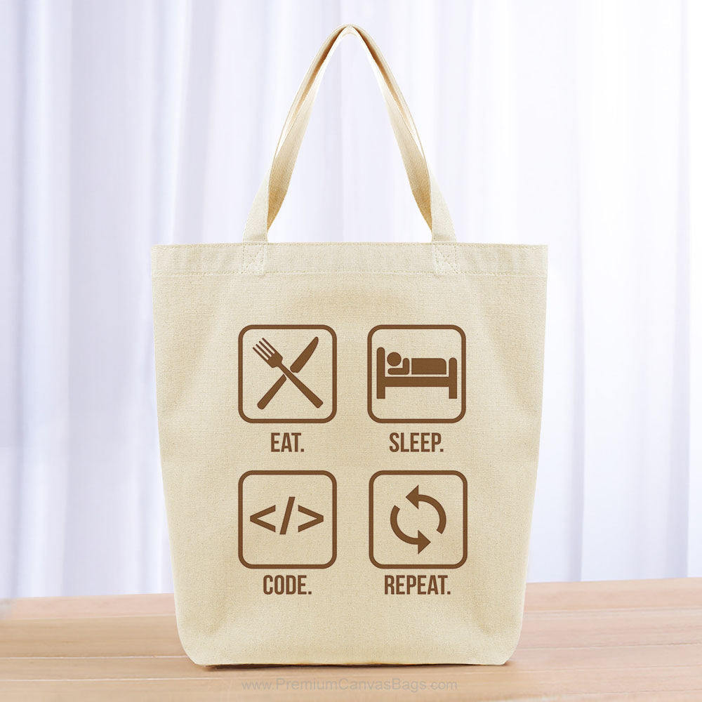 Eat Sleep Code Repeat Tote Bag - brown