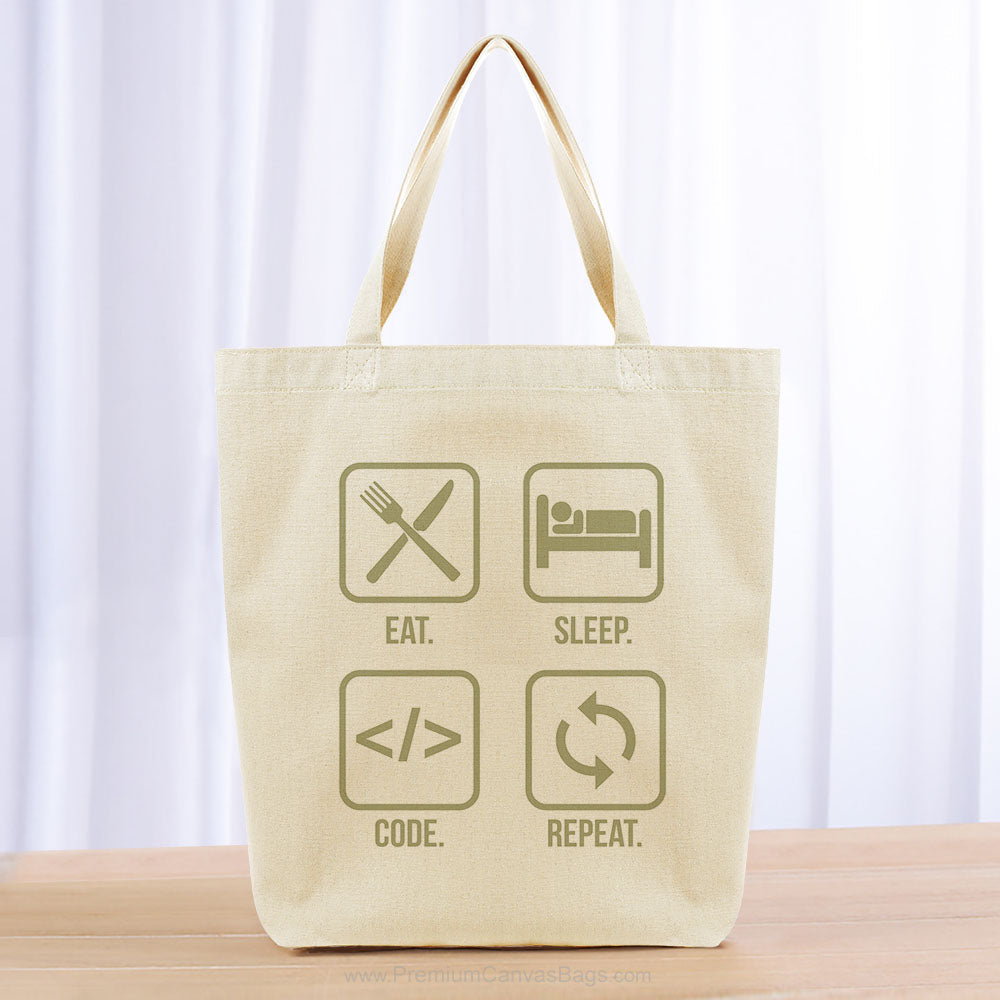 Eat Sleep Code Repeat Tote Bag - khaki