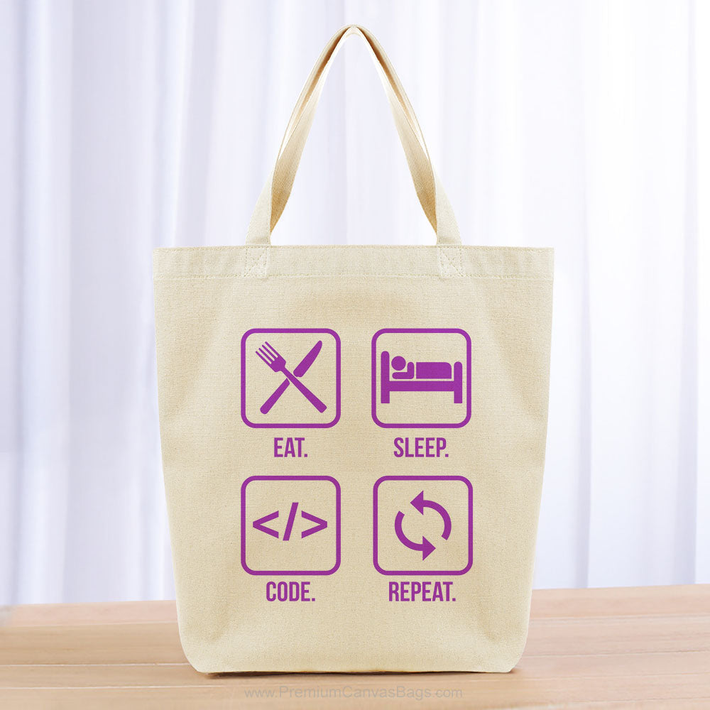 Eat Sleep Code Repeat Tote Bag - purple