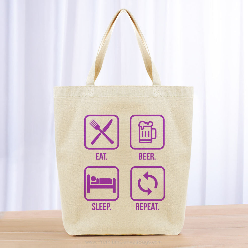 Eat Beer Sleep Repeat Tote Bag - purple